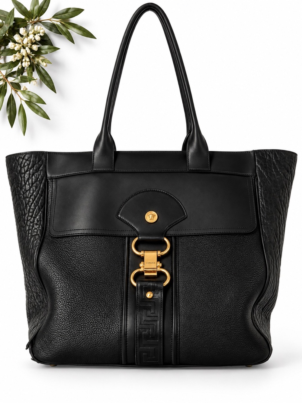 VERSACE - Large Damysus Tote Bag. Embossed Black Leather with Hold Hardwear